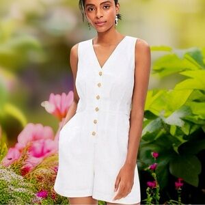 NWT LOFT White Linen-Blend V-Neck Button-Up Belted Romper Size 14